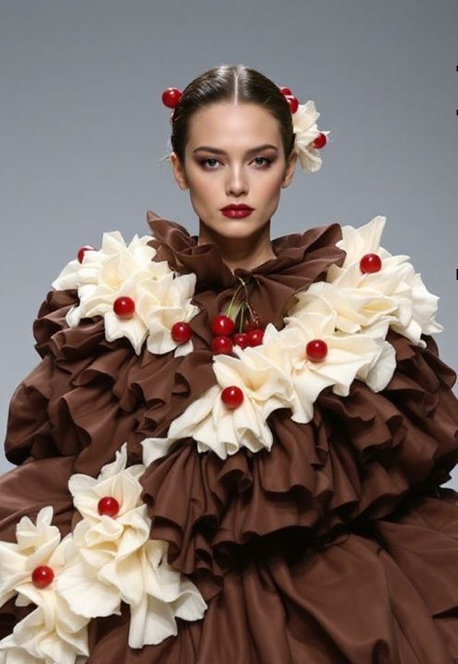 Magazine photography of high-fashion model wearing an avant-garde dessert-inspired outfit resembling chocolate and cream with cherry accents. Modeling on a runway.