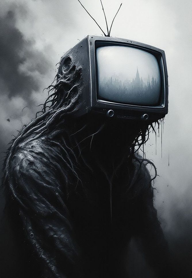 Dark surreal creature with a vintage TV for a head, displaying a foggy cityscape on the screen. Twisted, organic black roots form its body, creating a melancholic, monochromatic atmosphere.